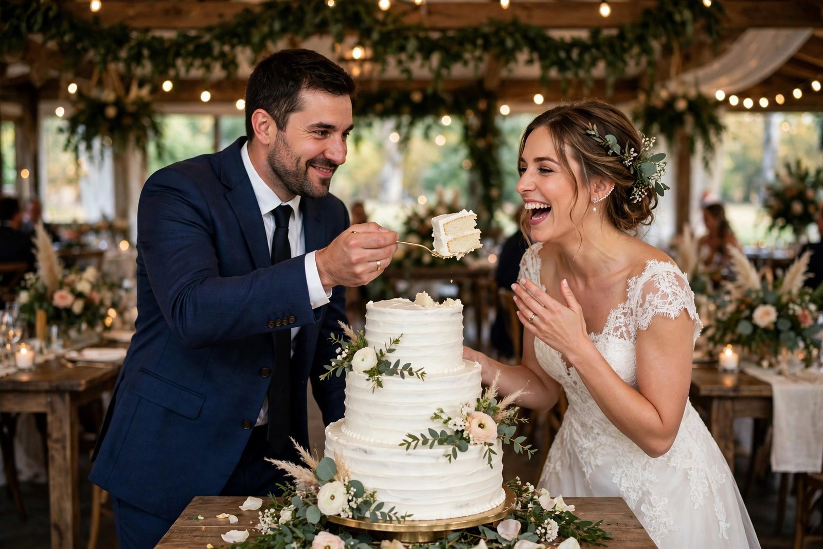 Wedding cake smash divorce Reddit debate: bride and groom at a wedding cake cutting moment