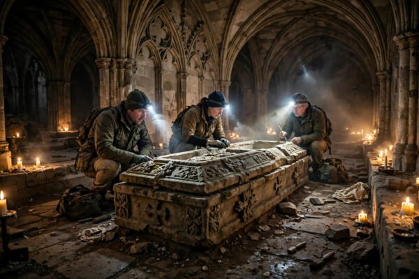 Photorealistic wide shot of a Roman stone sarcophagus displayed in Westminster Abbey, skeleton archaeology discovery, Westminster Abbey Roman coffin