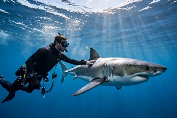 Woman pats great white shark beside a research boat during a tagging expedition