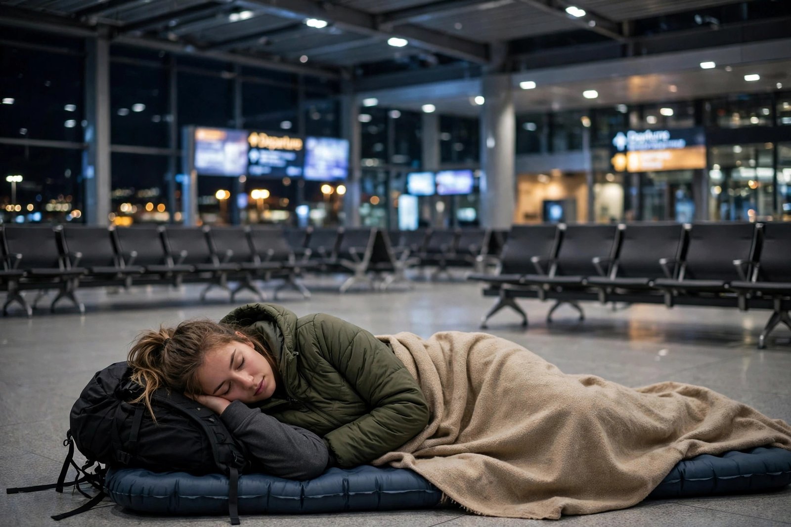 A young woman resting on a sleeping pad in an airport terminal because she sleeps on airport floors instead of booking hotels